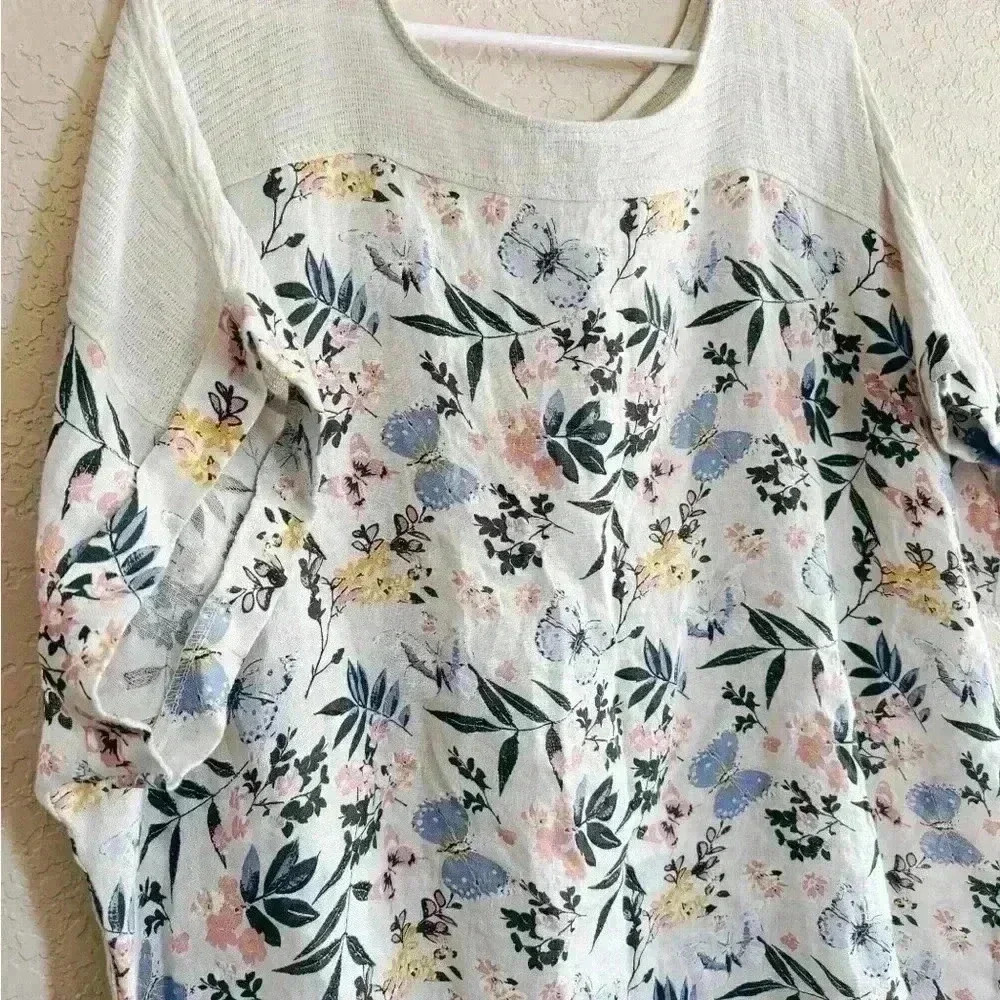 Lungo L'arno Linen Short Sleeve Cream Floral spring Top Blouse Shirt Size 3X